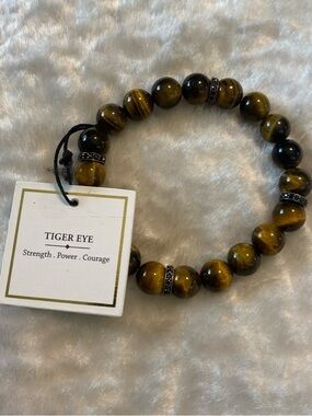 🍀NWT! 925 Tiger Eye Black Spinel Sterling Silver Stretchable Bead Bracelet
